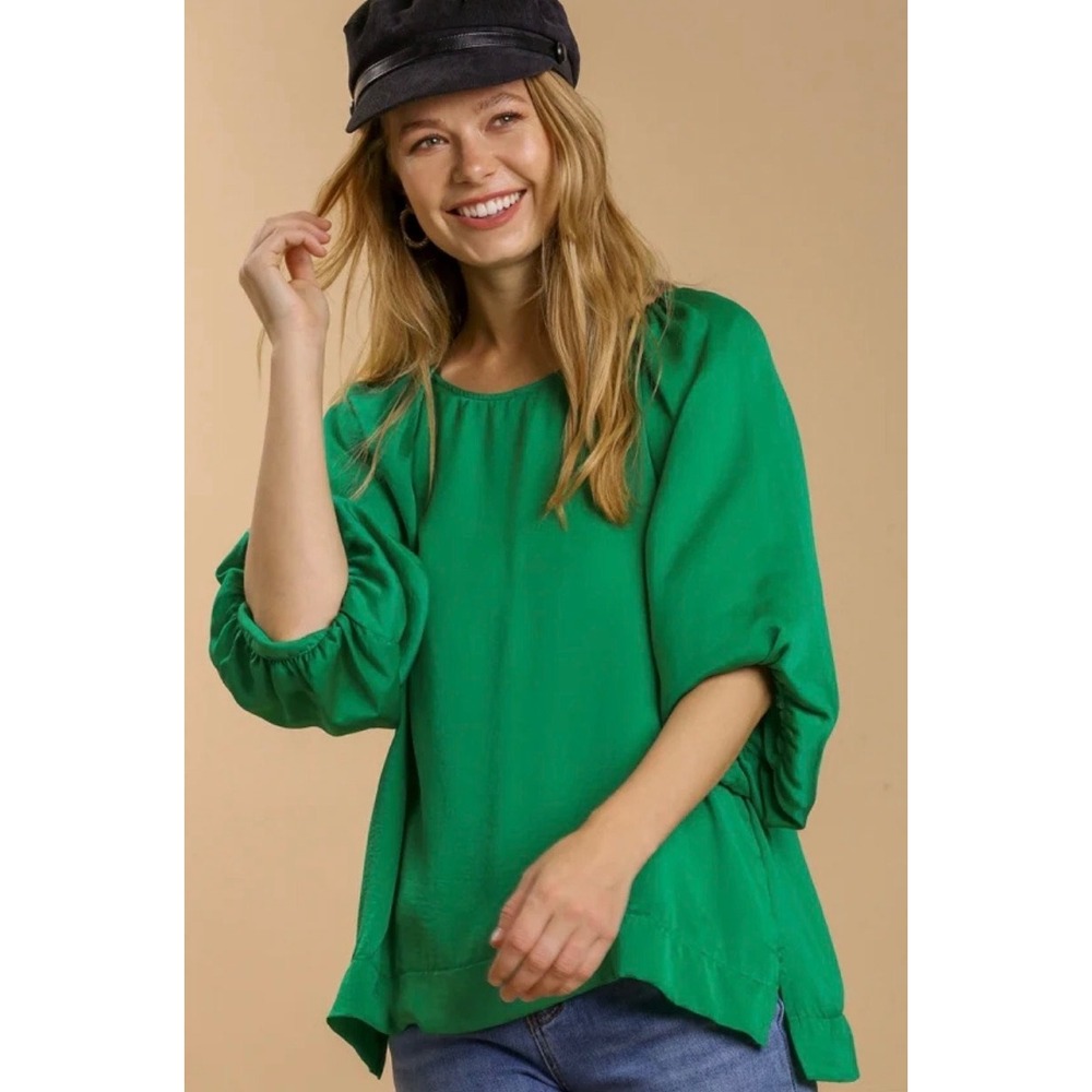 Umgee Green Satin Puff Sleeve Blouse Emerald Round Neck Top Womens L